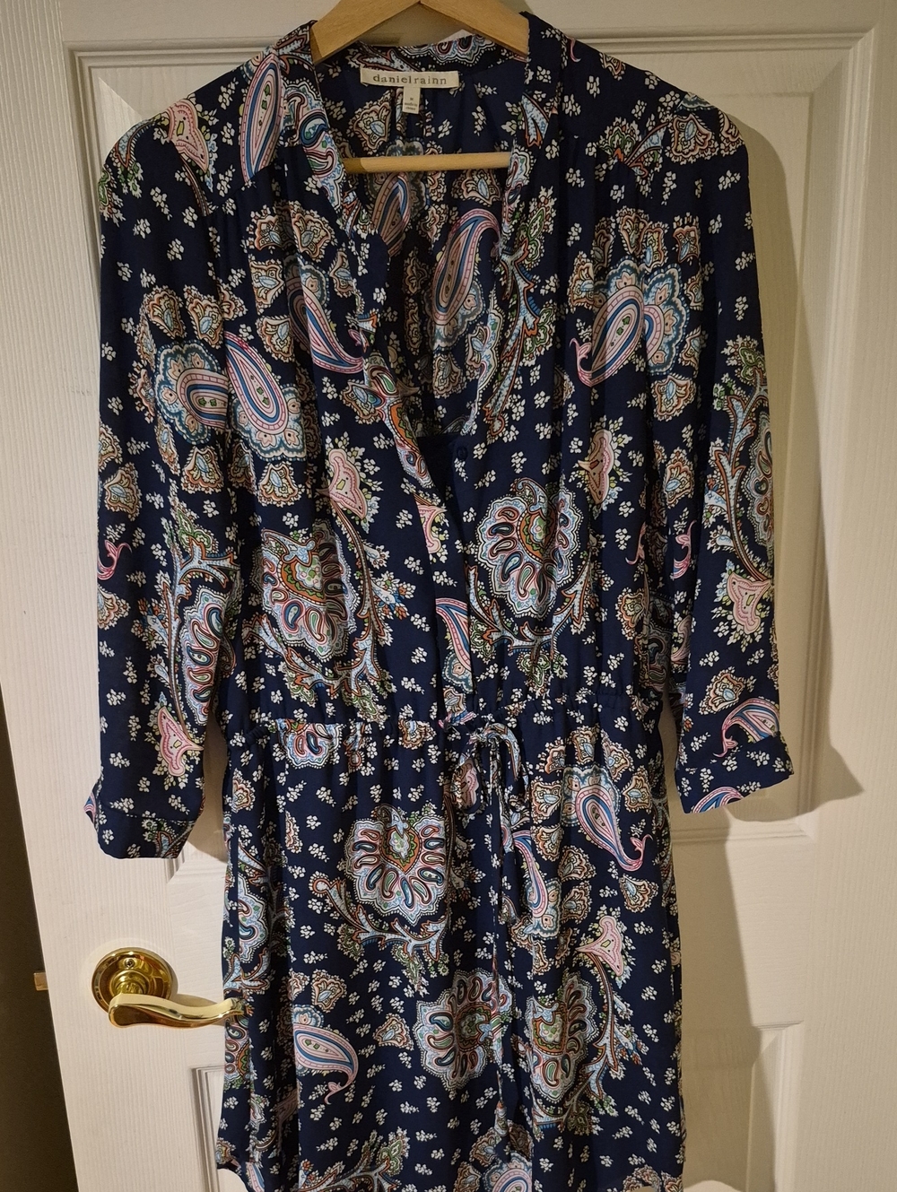 Daniel Rainn Navy Paisley Tie-Waist Midi Dress with Pink, Green Accents Size M.